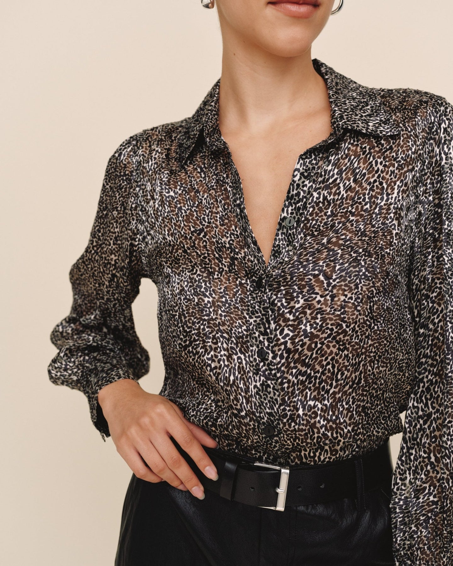 Print Your Post3/4 Bishop Sleeve Button Up - Silver LeopardTops