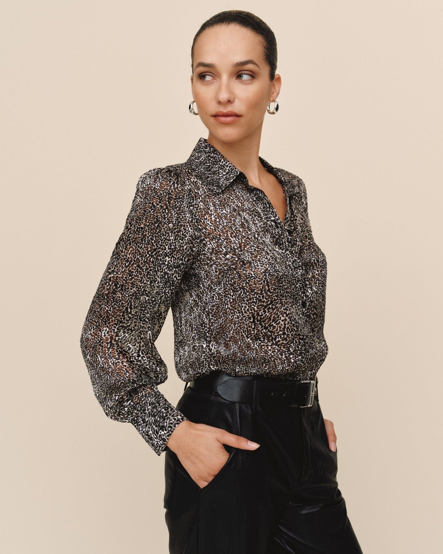 Print Your Post3/4 Bishop Sleeve Button Up - Silver LeopardTops