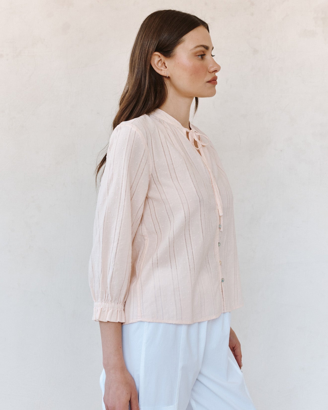 Print Your Post3/4 Sleeve Tie Neck Blouse - Pink OpalTops