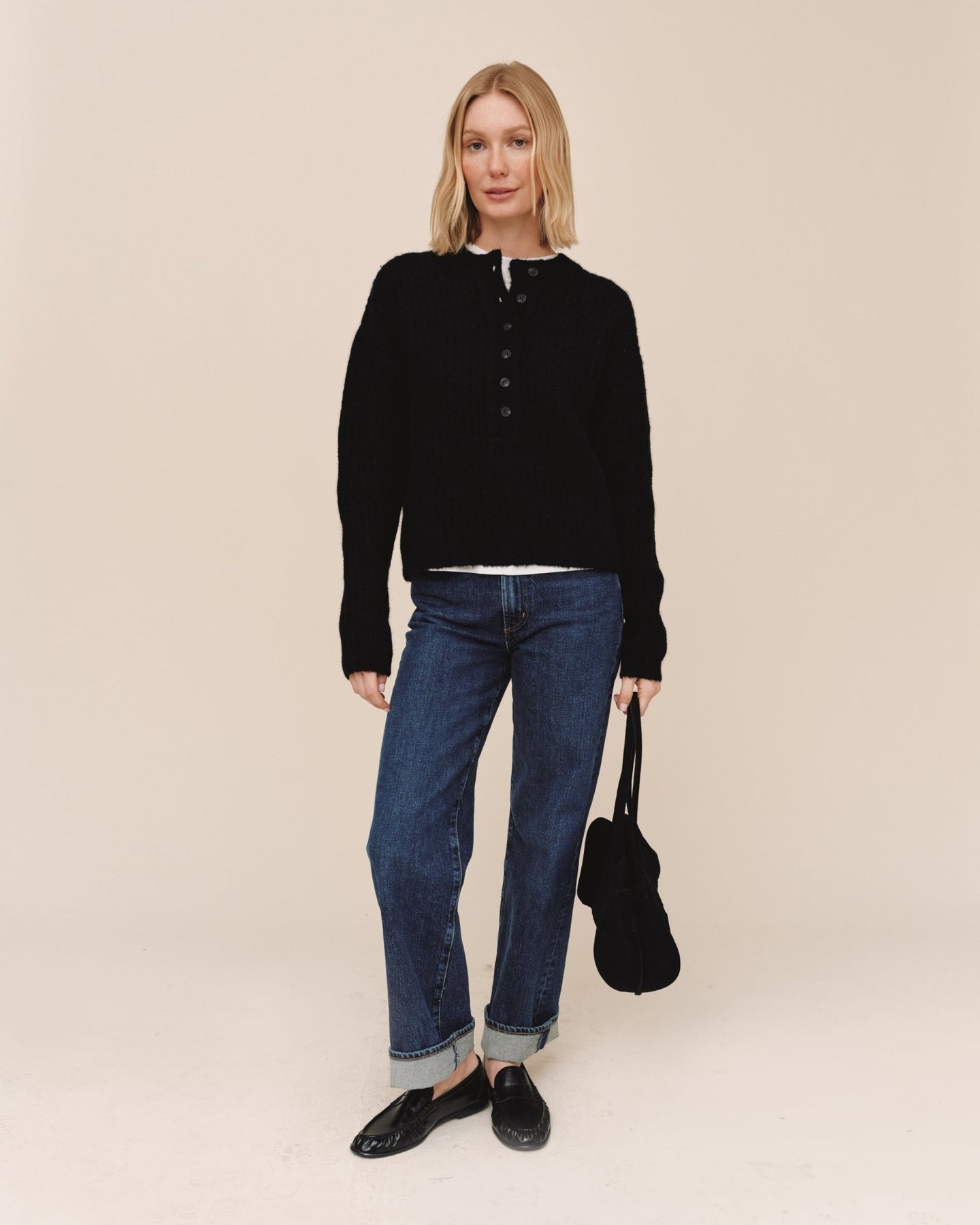 Print Your PostButton Placket Pullover Sweater - BlackSweaters