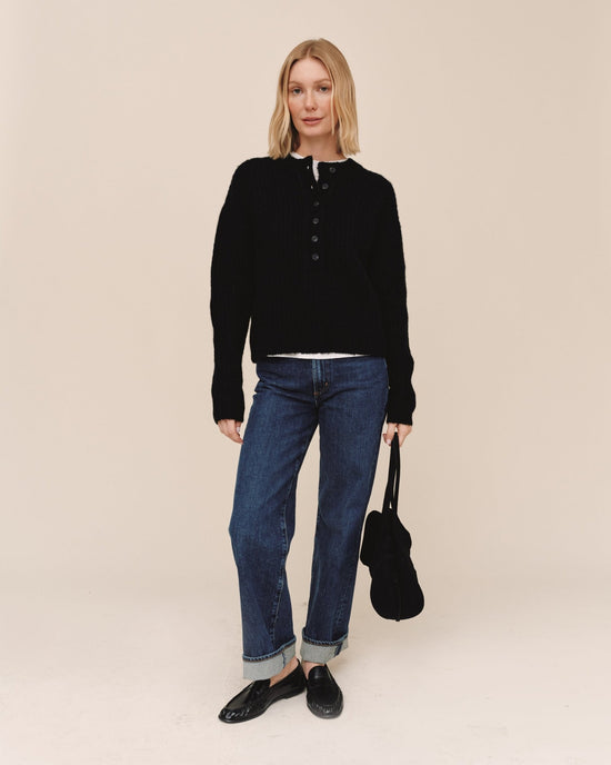 Print Your Post Button Placket Pullover Sweater - Black View 2