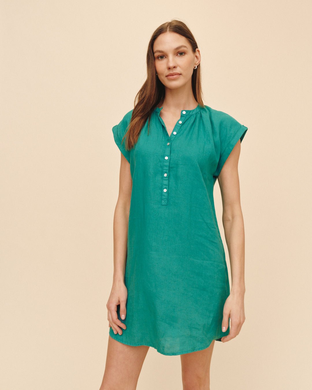 Print Your PostCap Sleeve Henley Dress - Aqua GreenDresses