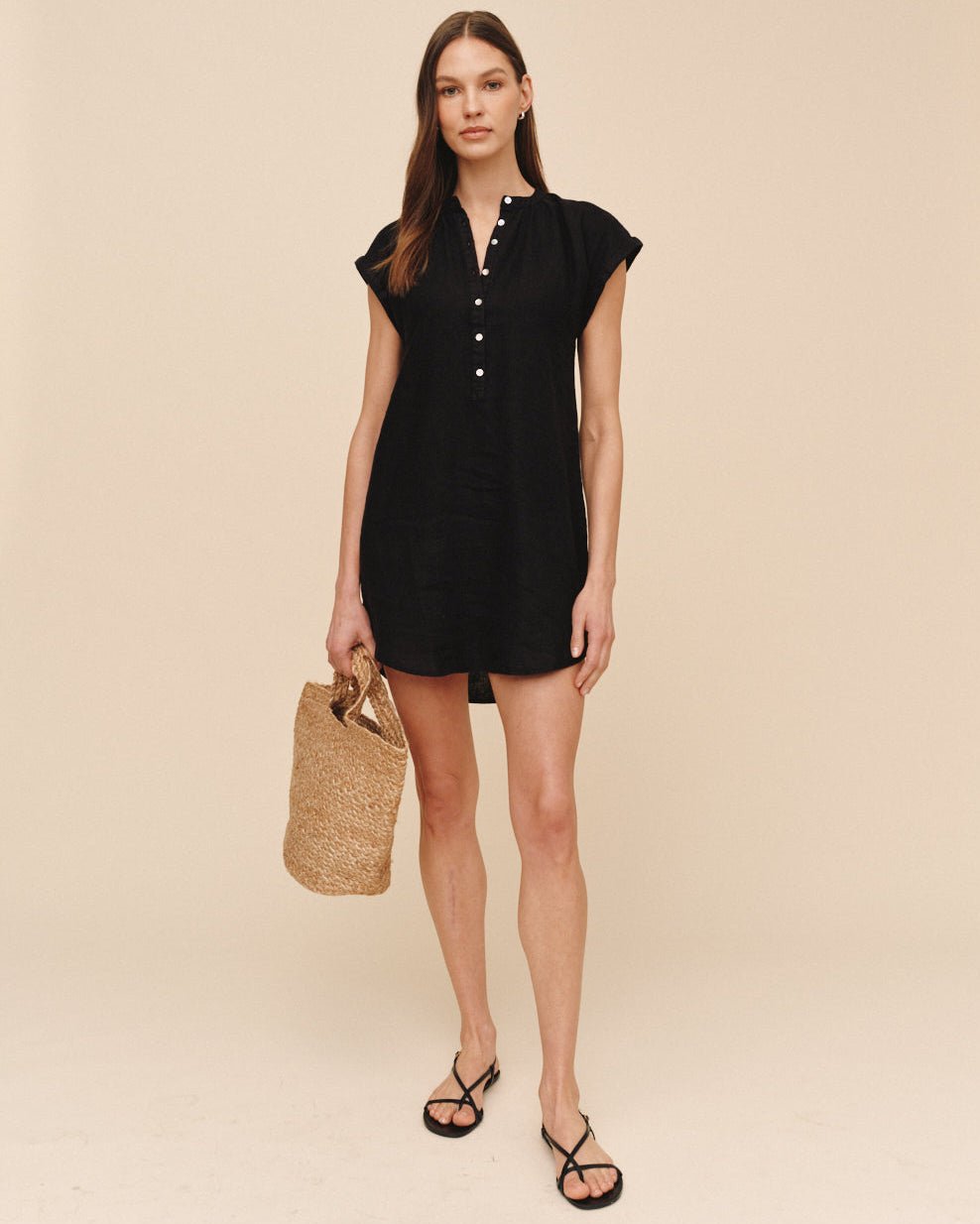 Print Your PostCap Sleeve Henley Dress - BlackDresses