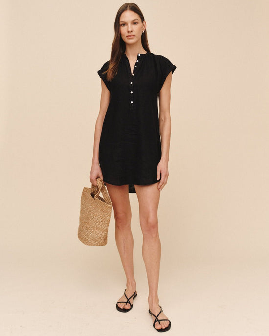 Print Your Post Cap Sleeve Henley Dress - Black
