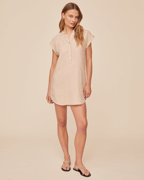 Print Your Post Cap Sleeve Henley Dress - Linen Sand View 2