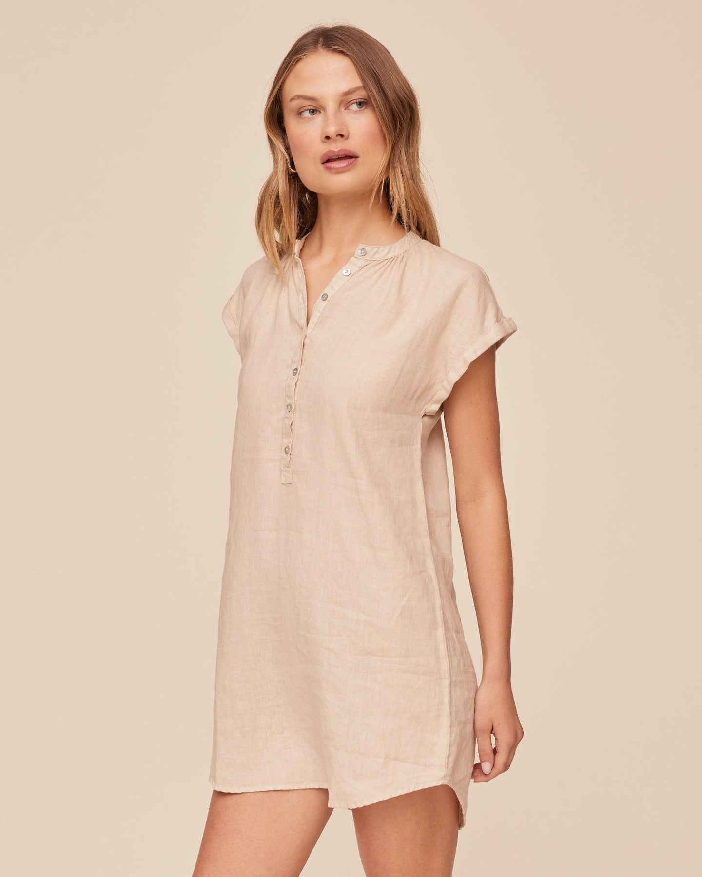Print Your PostCap Sleeve Henley Dress - Linen SandDresses