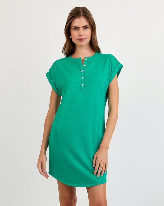 Print Your Post Cap Sleeve Placket Dress - Aqua Green