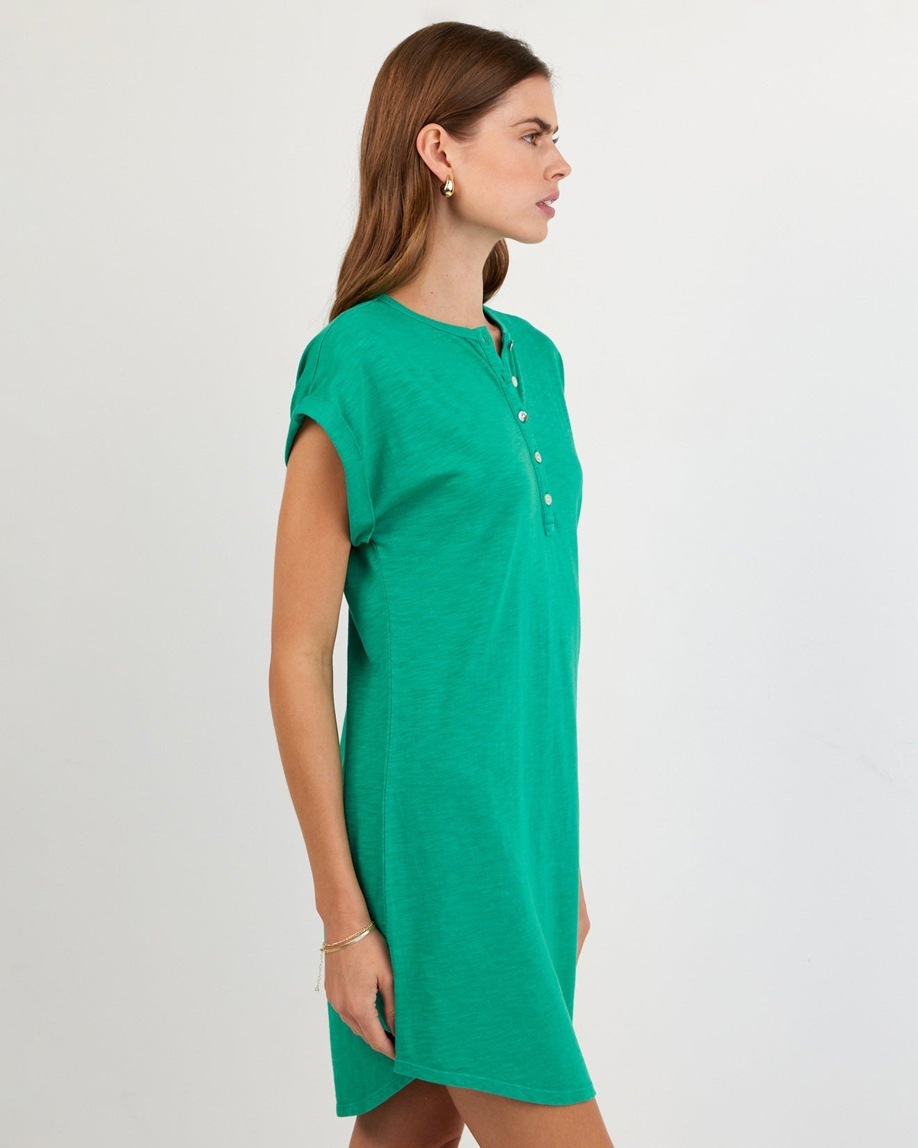 Print Your PostCap Sleeve Placket Dress - Aqua GreenDresses