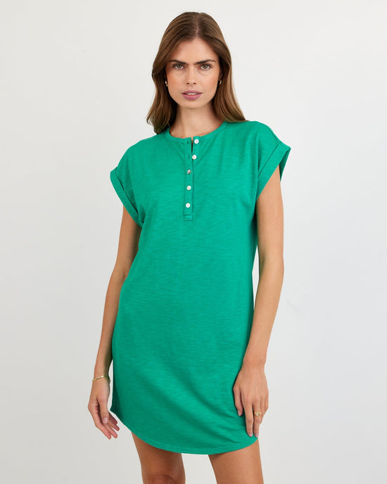 Print Your Post Cap Sleeve Placket Dress - Aqua Green View 2
