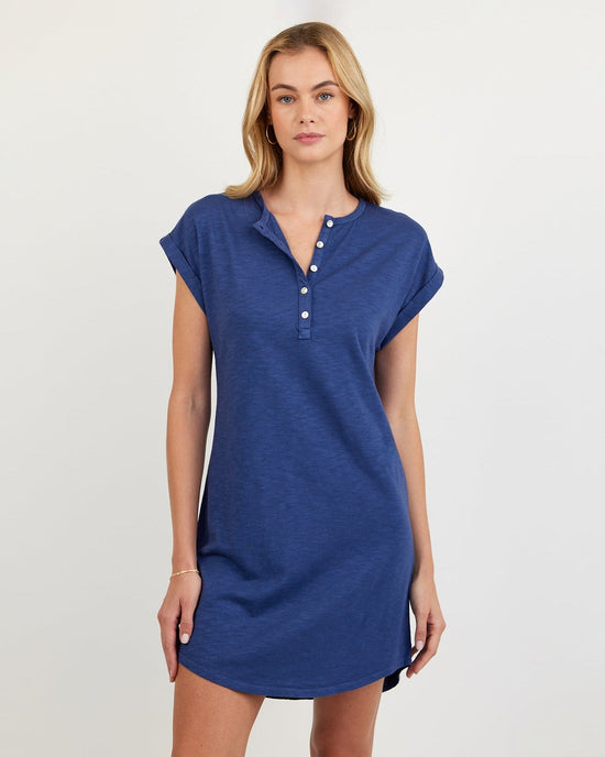 Print Your Post Cap Sleeve Placket Dress - Midnight Surf