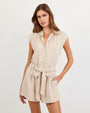 Print Your PostCap Sleeve Pocket Romper - Linen SandJumpsuits & Rompers