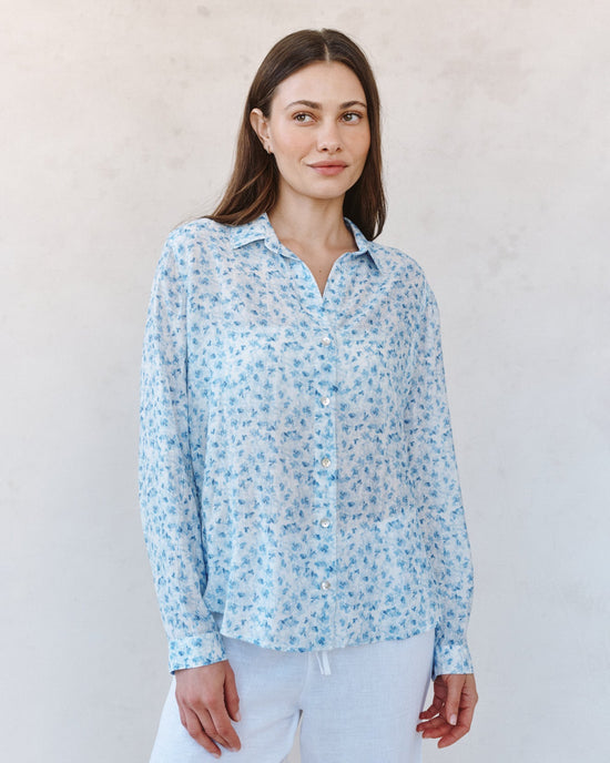 Print Your Post Classic Button Down Shirt - Blue Ditsy Floral Print View 2