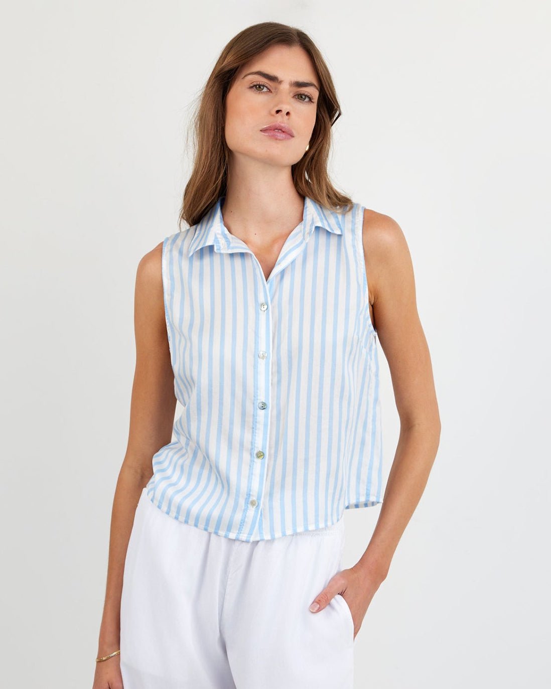 Print Your PostClean Sleeveless Button Down - Tidal Blue StripeTops