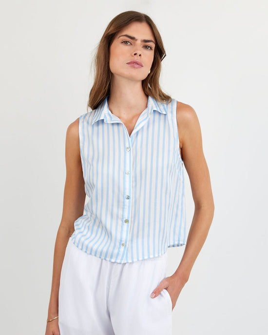 Print Your Post Clean Sleeveless Button Down - Tidal Blue Stripe