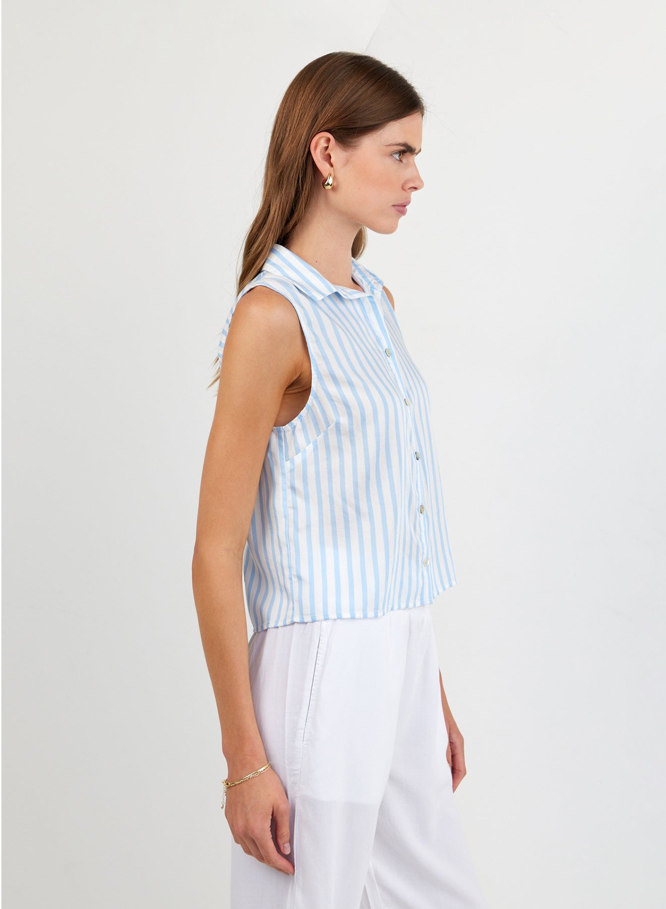 Print Your PostClean Sleeveless Button Down - Tidal Blue StripeTops