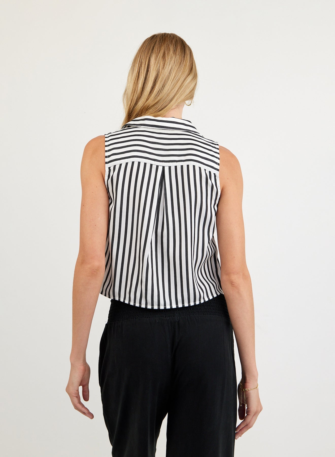Print Your PostClean Sleeveless Button Down - Vintage Black StripeTops