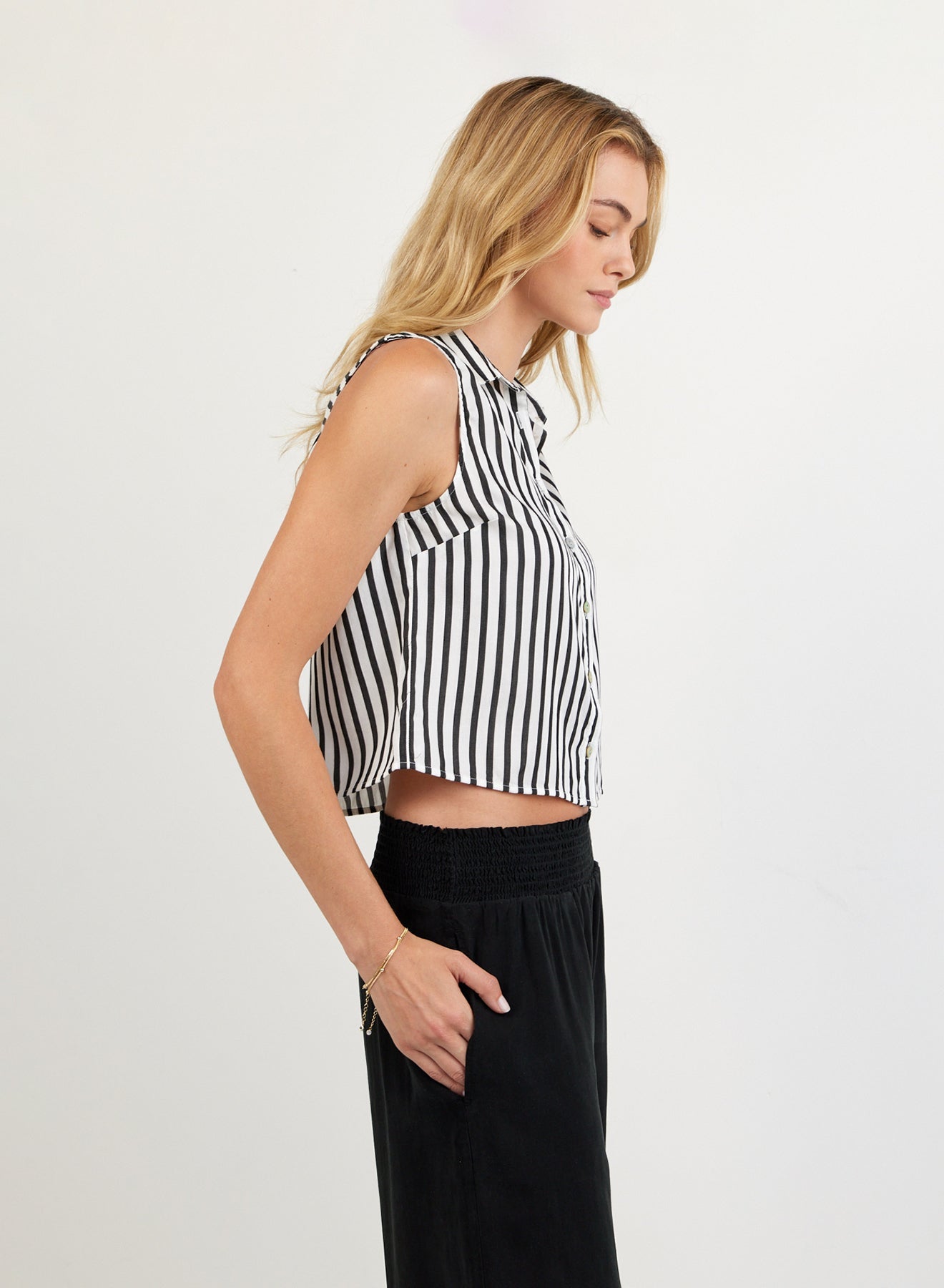 Print Your PostClean Sleeveless Button Down - Vintage Black StripeTops