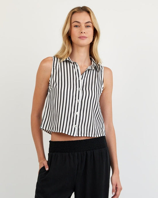 Print Your Post Clean Sleeveless Button Down - Vintage Black Stripe