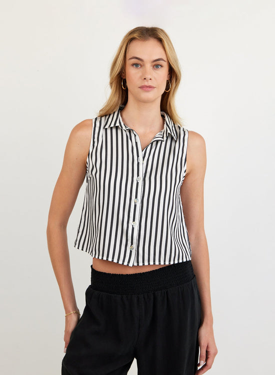 Print Your Post Clean Sleeveless Button Down - Vintage Black Stripe View 2