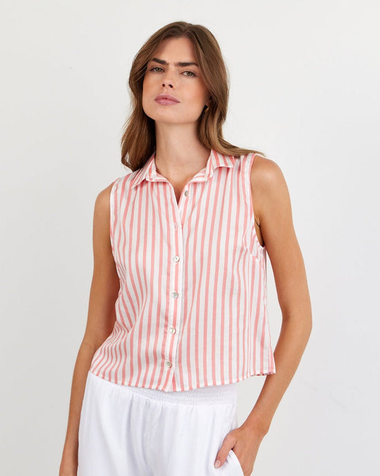 Print Your Post Clean Sleeveless Button Down - Wild Coral Stripe