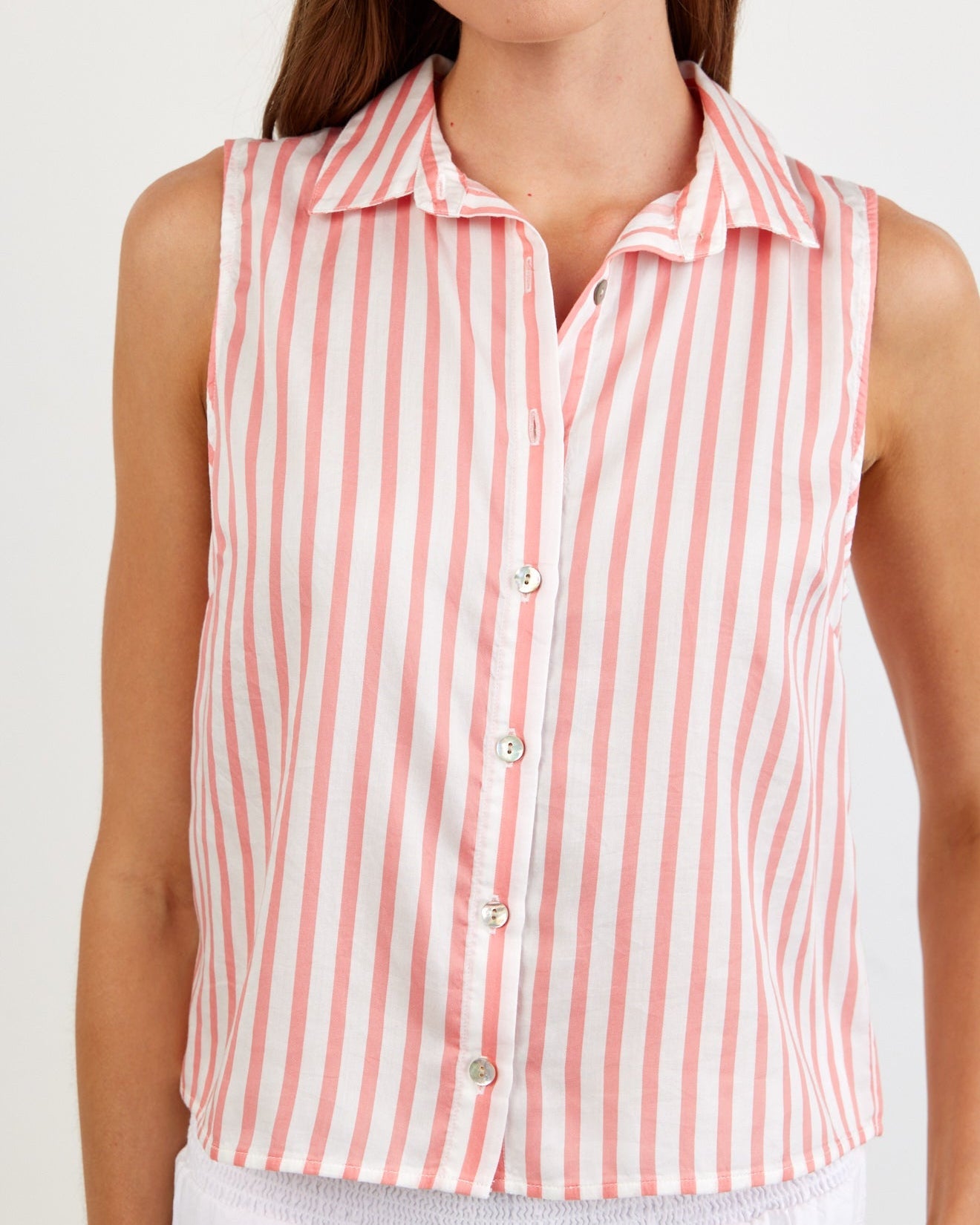 Print Your PostClean Sleeveless Button Down - Wild Coral StripeTops