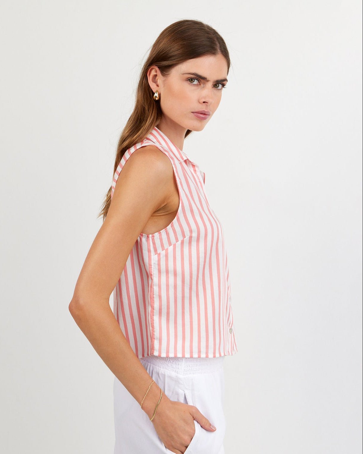 Print Your PostClean Sleeveless Button Down - Wild Coral StripeTops