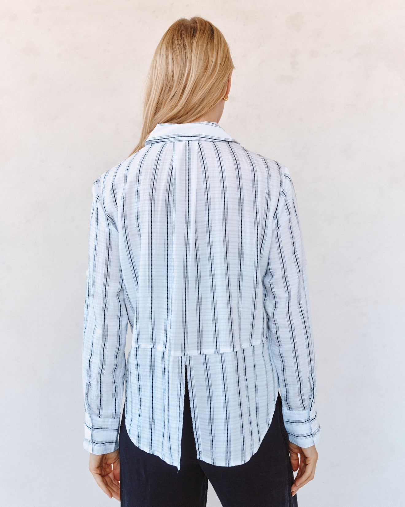 Print Your PostClean Split Back Button Down Shirt - Black & White Shadow StripeTops