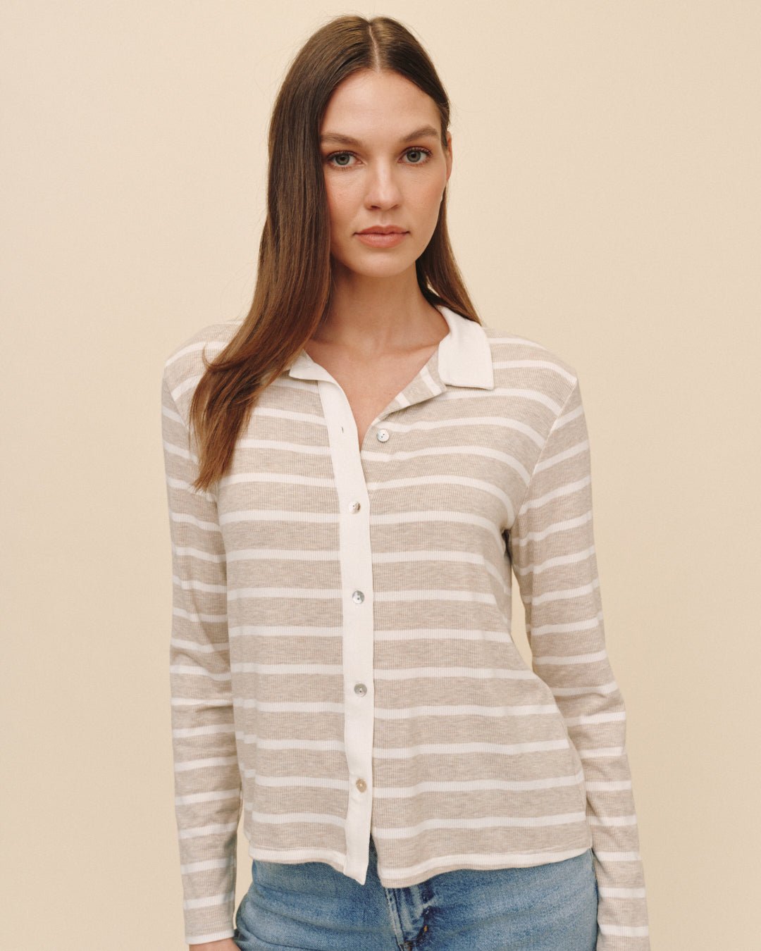 Print Your PostContrast Placket Button Down - Sand StripeTops