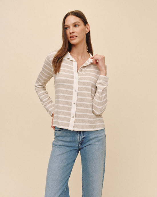 Print Your Post Contrast Placket Button Down - Sand Stripe View 2