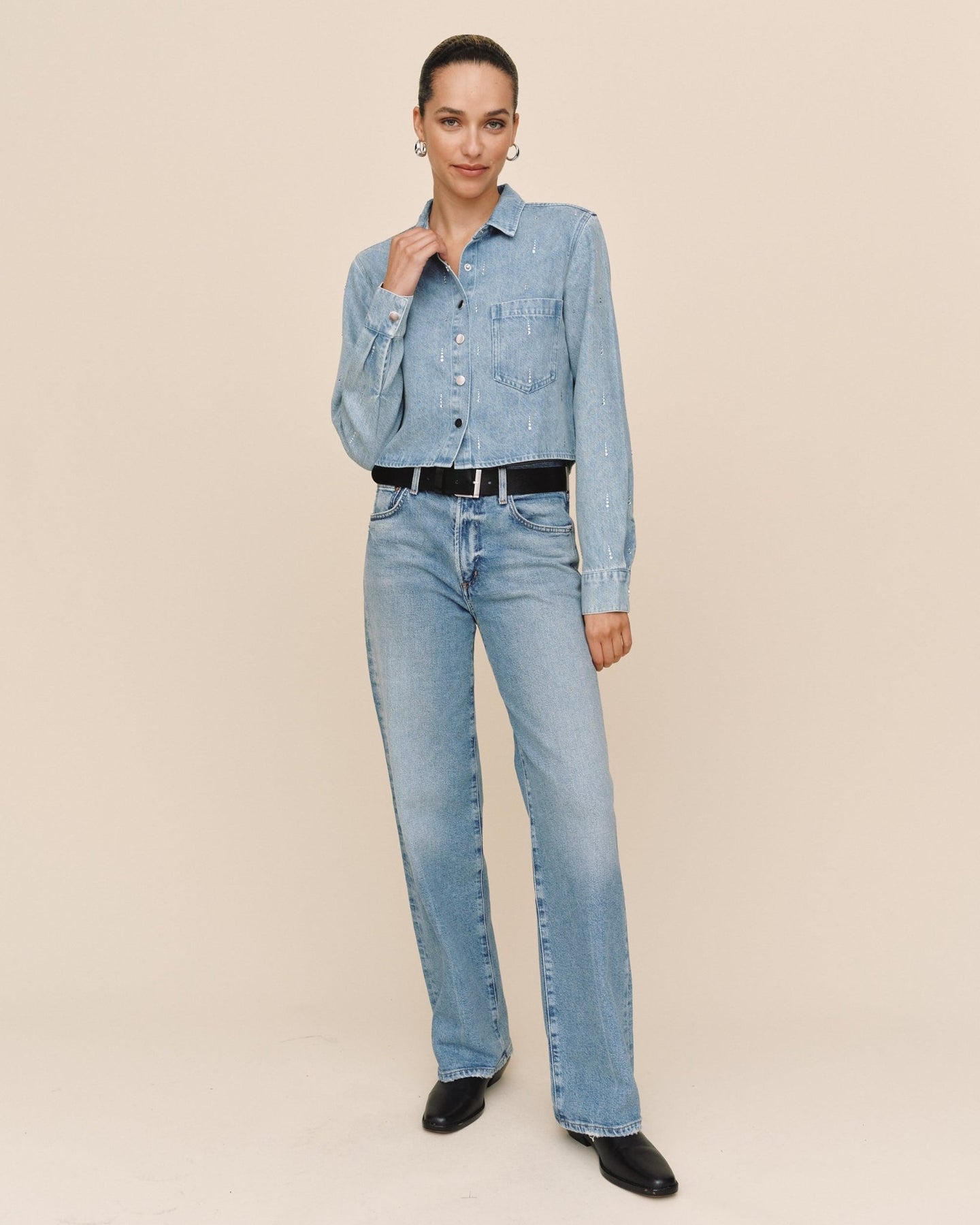 Print Your PostCrop Pocket Button Down - Vintage Ice WashTops