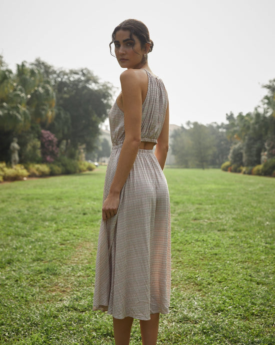 Print Your Post Cut Out Back Midi Halter Dress - Sunwashed Check