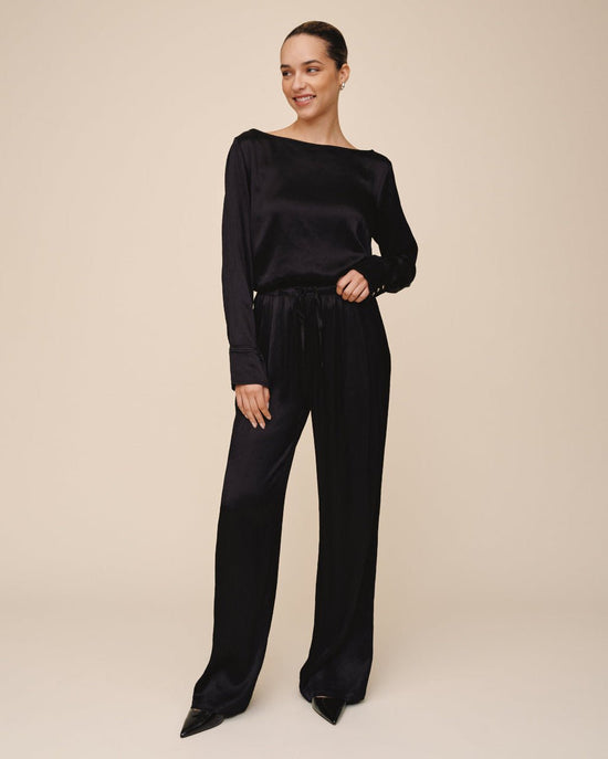 Print Your Post Easy Pleated Wide Leg Pant - Black