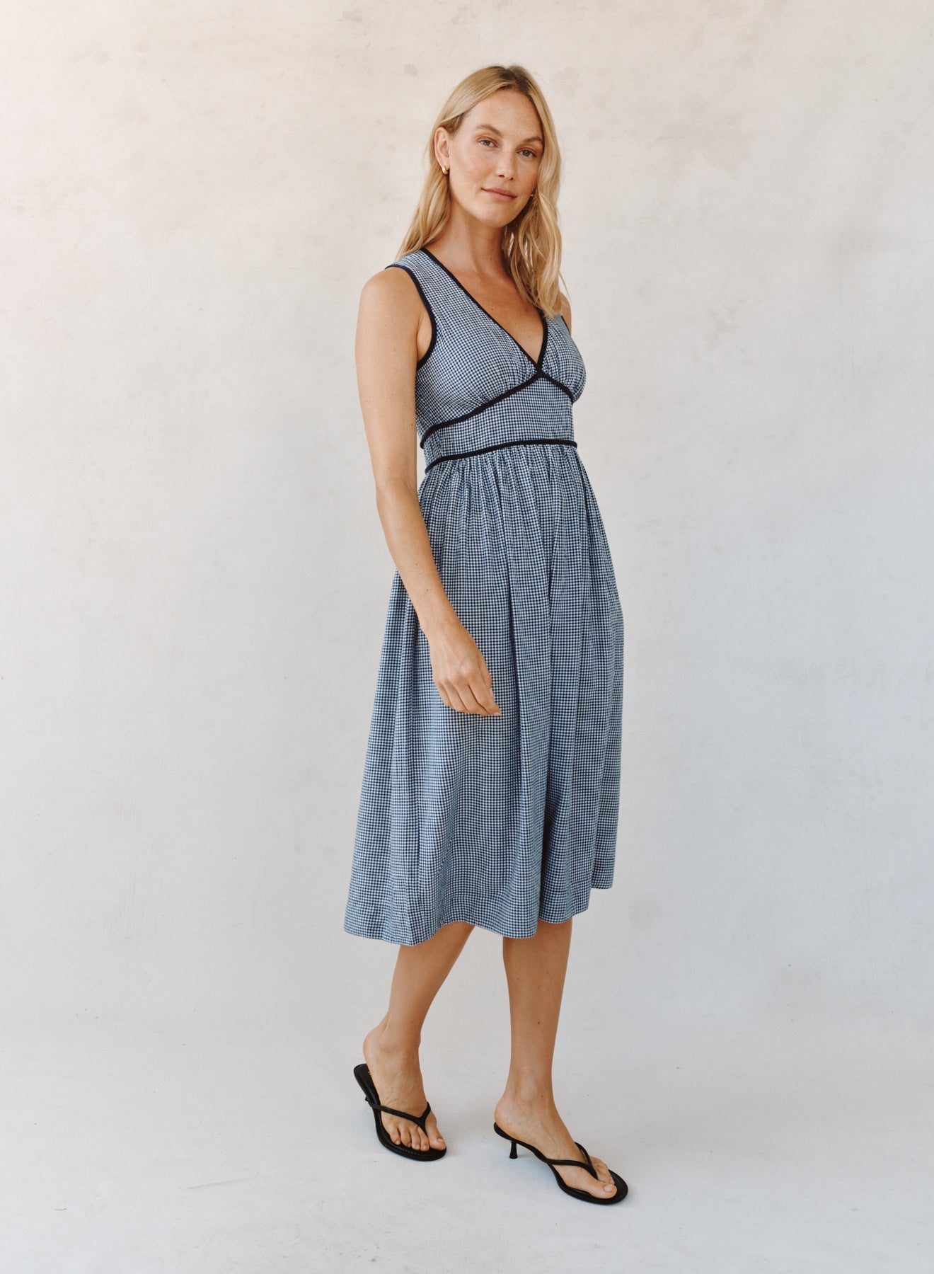 Print Your PostFit & Flare V - Neck Midi Dress - Navy Micro GinghamDresses