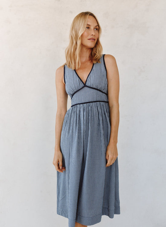 Print Your Post Fit & Flare V Neck Midi Dress - Navy Micro Gingham View 2