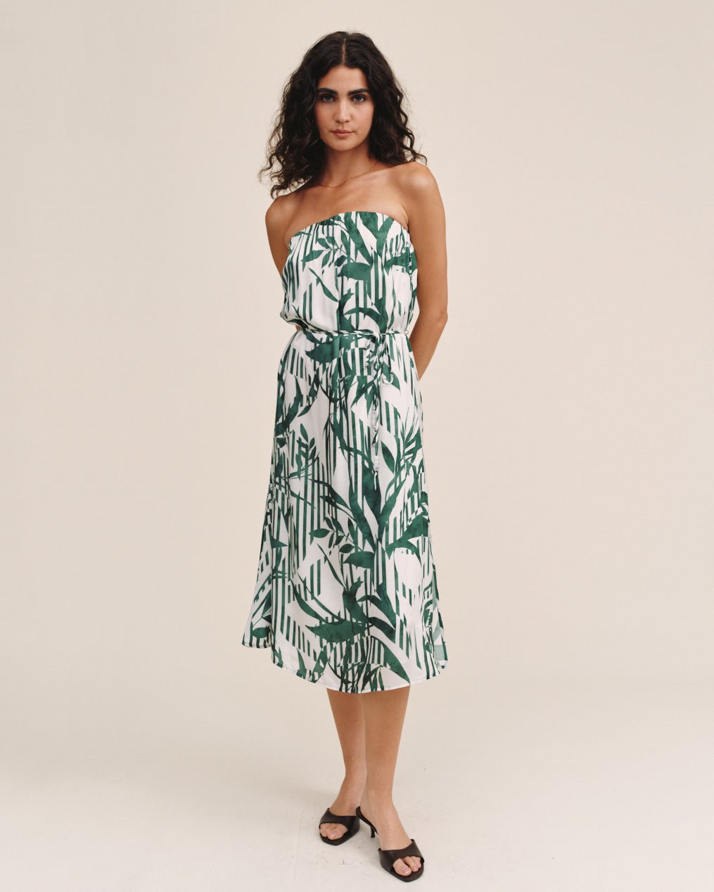 Print Your PostFlowy Strapless Midi Dress - Palm Paradise PrintDresses