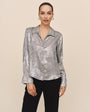 Print Your PostFlowy Wide Collar Button Down - Silver Distress FoilTops
