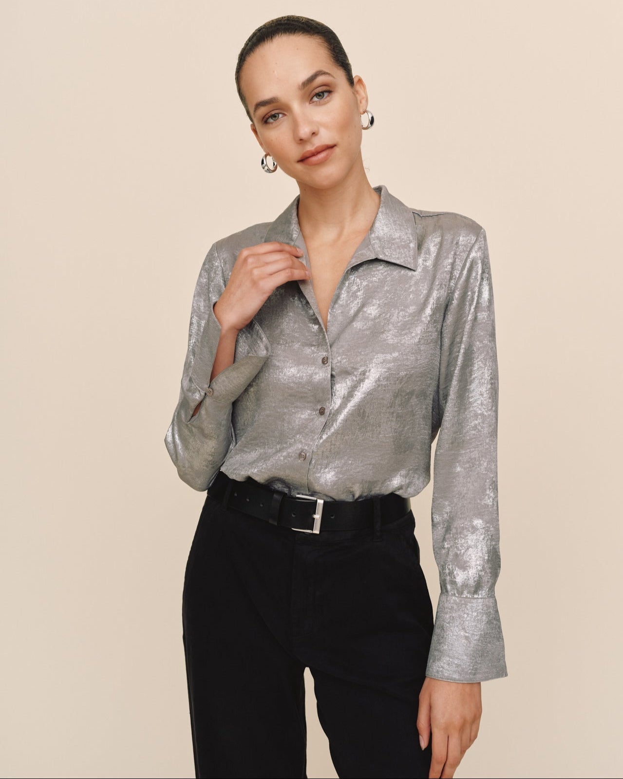 Print Your PostFlowy Wide Collar Button Down - Silver Distress FoilTops