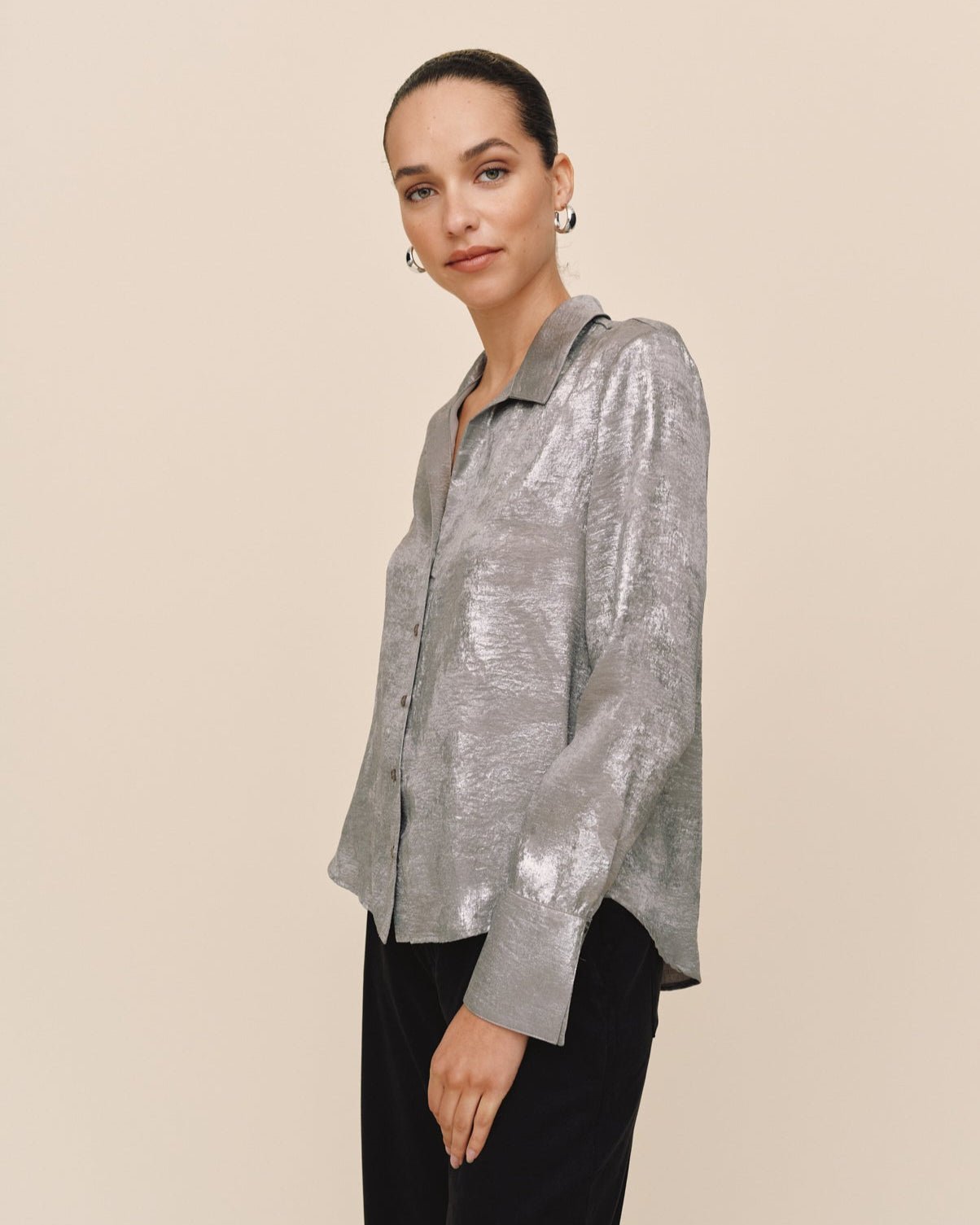 Print Your PostFlowy Wide Collar Button Down - Silver Distress FoilTops