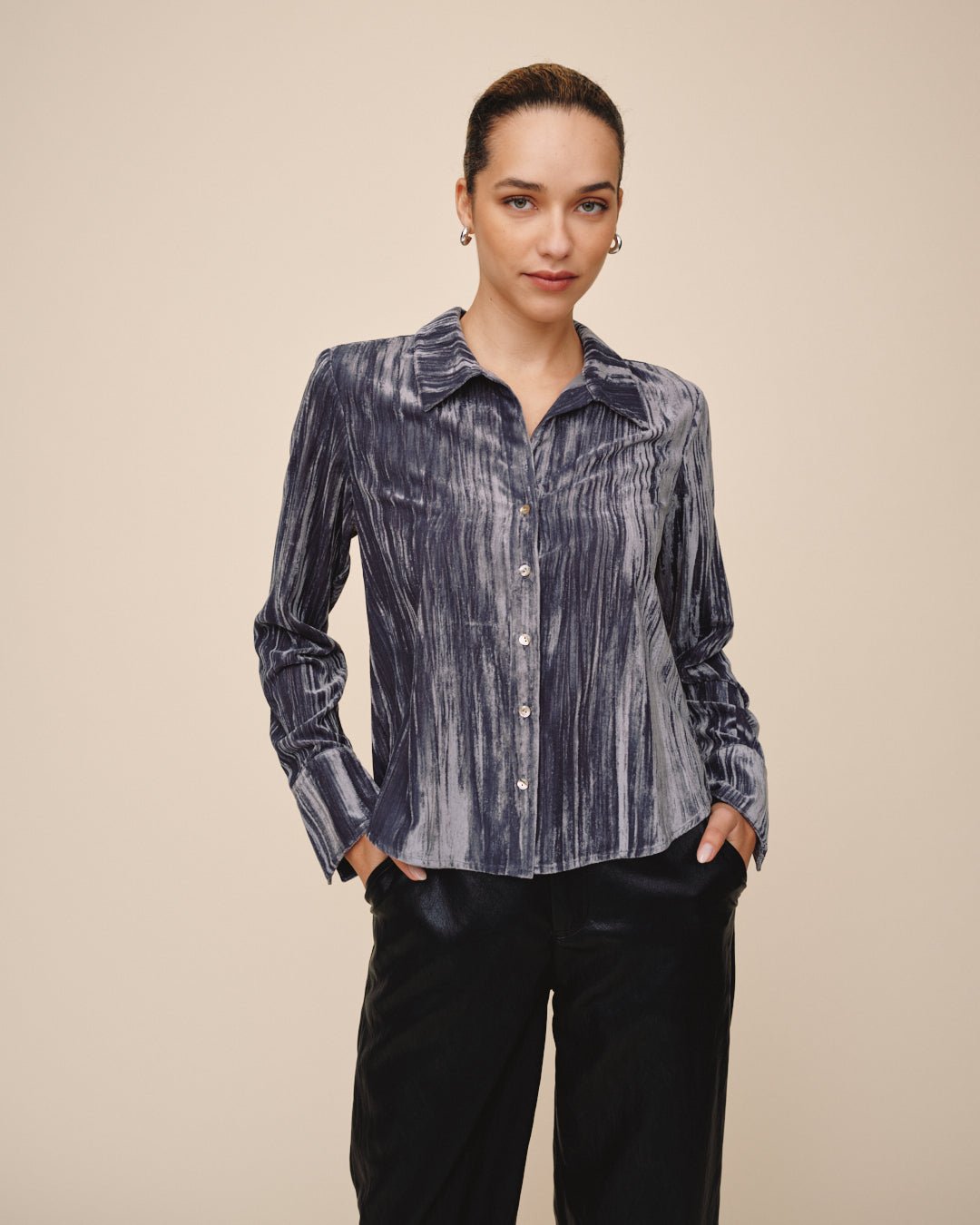 Print Your PostFlowy Wide Collar Button Down - Velvet StormTops