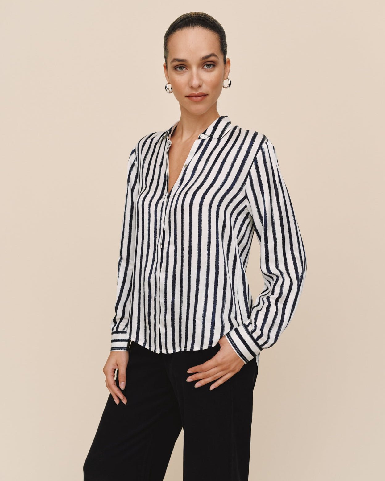 Print Your PostHigh Low Hem Shirt - Indigo Ink StripeTops