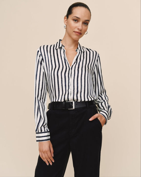 Print Your Post High Low Hem Shirt - Indigo Ink Stripe
