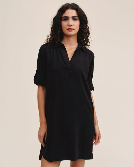 Print Your Post Long Sleeve A Line Shirt Dress - Vintage Black