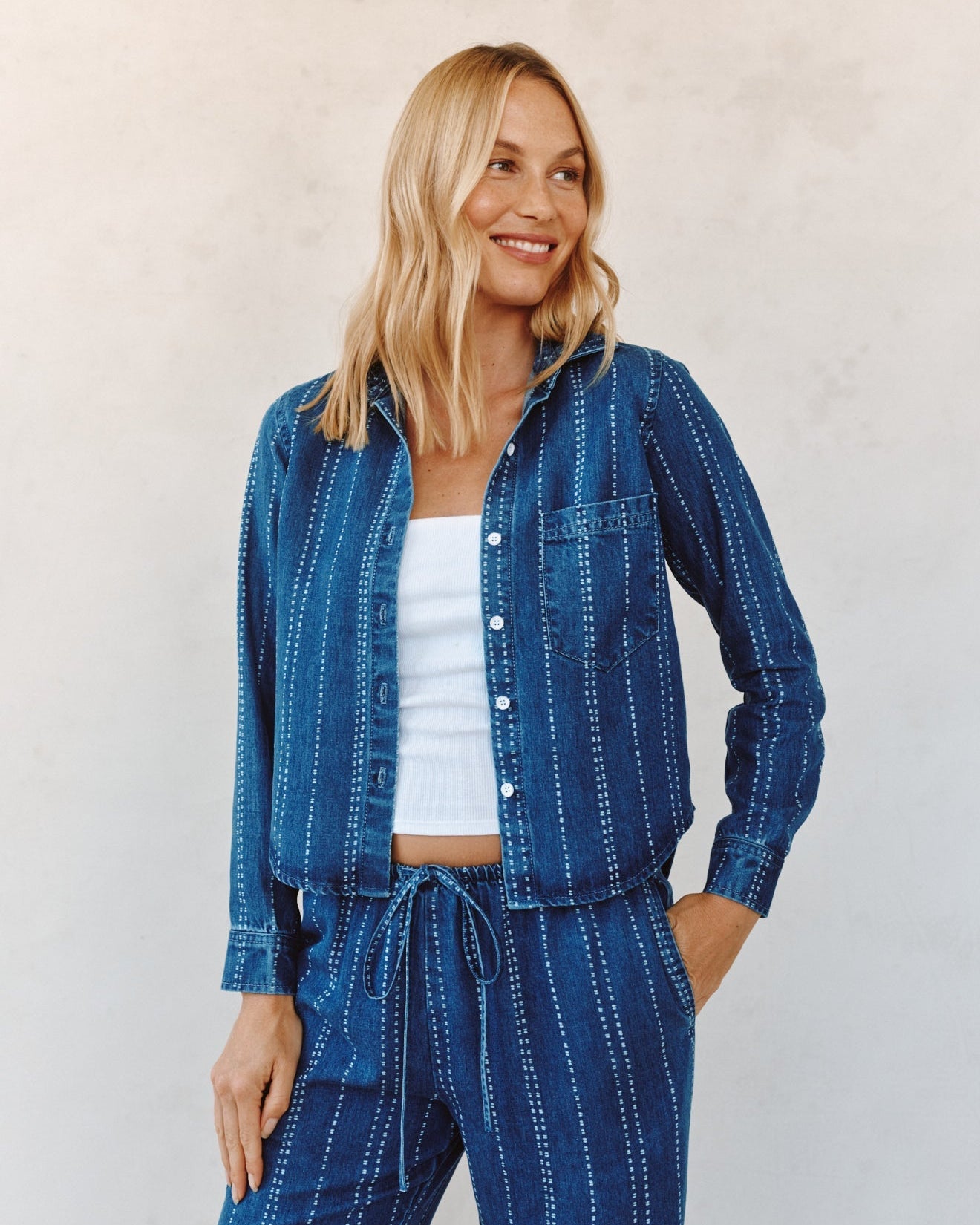 Print Your PostLong Sleeve Cropped Shirt - Indigo StripeTops