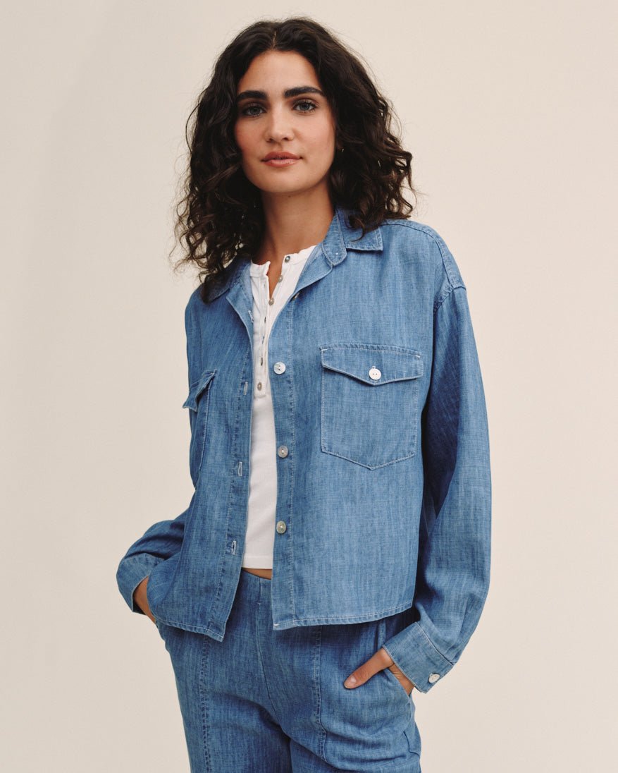 Print Your PostLong Sleeve Flap Pocket Shirt - Island Blue WashTops