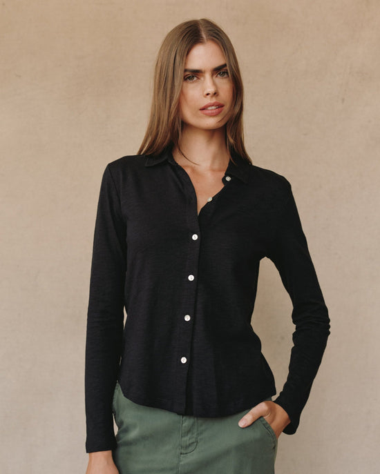 Print Your Post Long Sleeve Knit Button Down - Black
