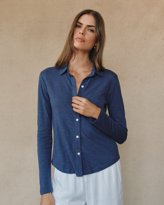 Print Your Post Long Sleeve Knit Button Down - Hudson Blue