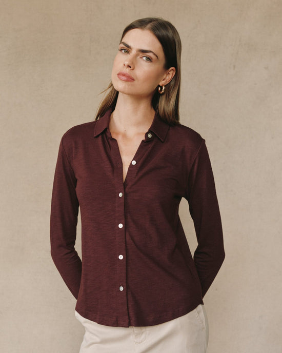 Print Your Post Long Sleeve Knit Button Down - Pinot Noir View 2