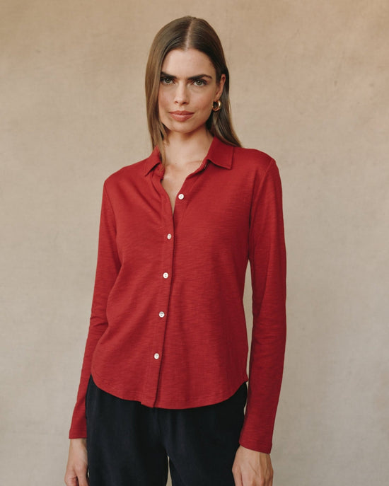 Print Your Post Long Sleeve Knit Button Down - Ruby Red View 2