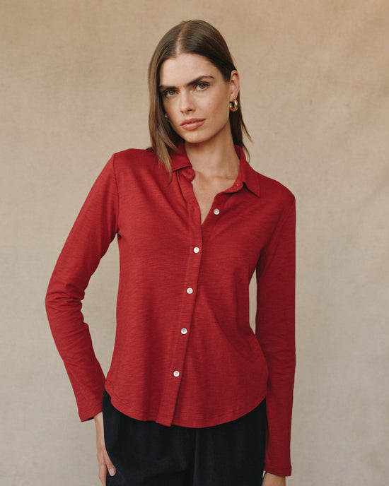 Print Your Post Long Sleeve Knit Button Down - Ruby Red