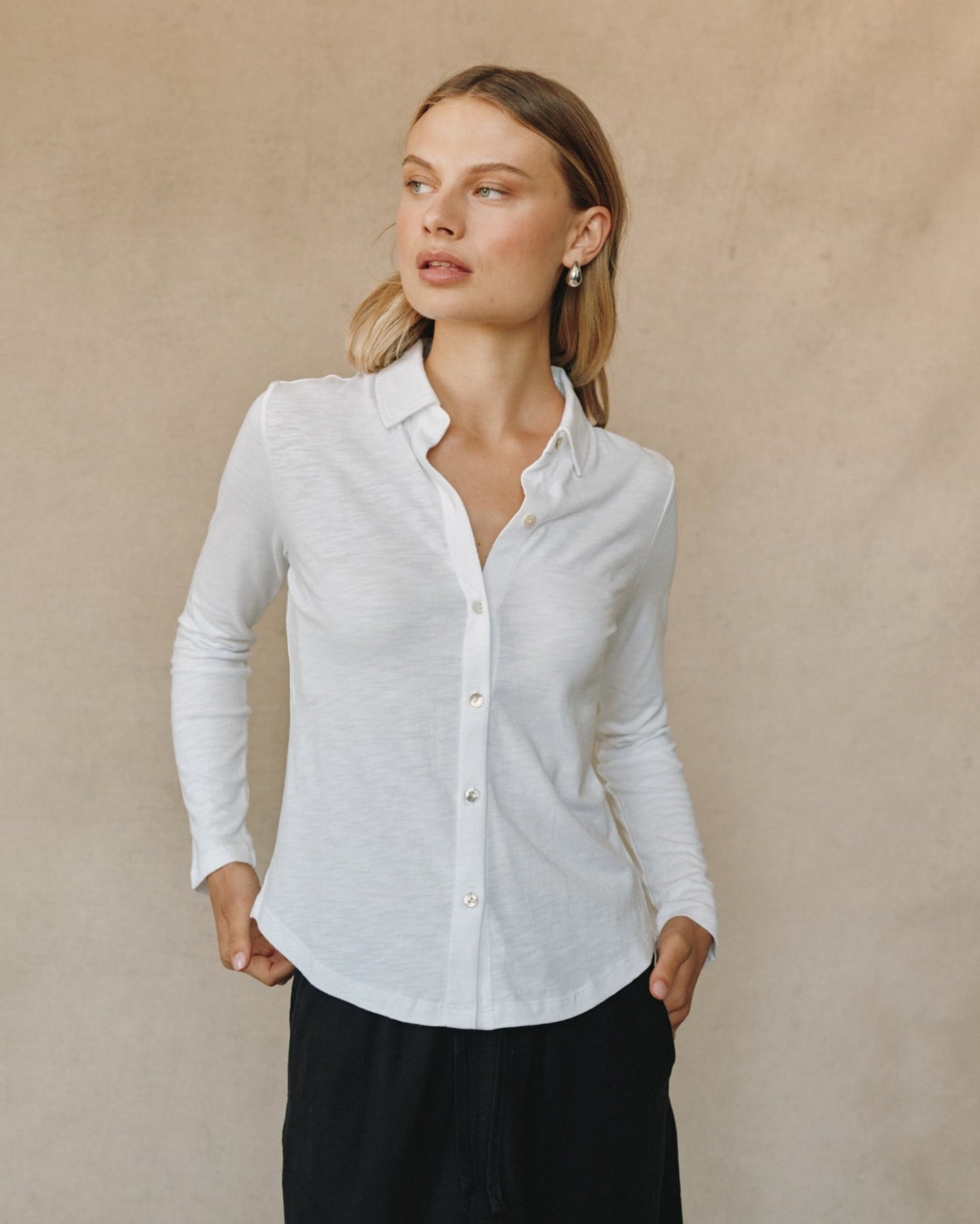 Print Your PostLong Sleeve Knit Button Down - WhiteTops